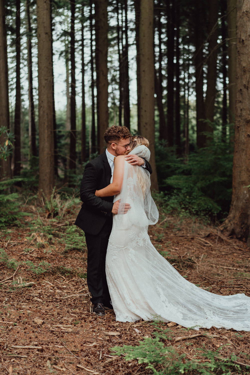 Dress Gown Bride Bridal Fit Flare Lace Veil Hampshire Woodland Wedding Emily & Steve