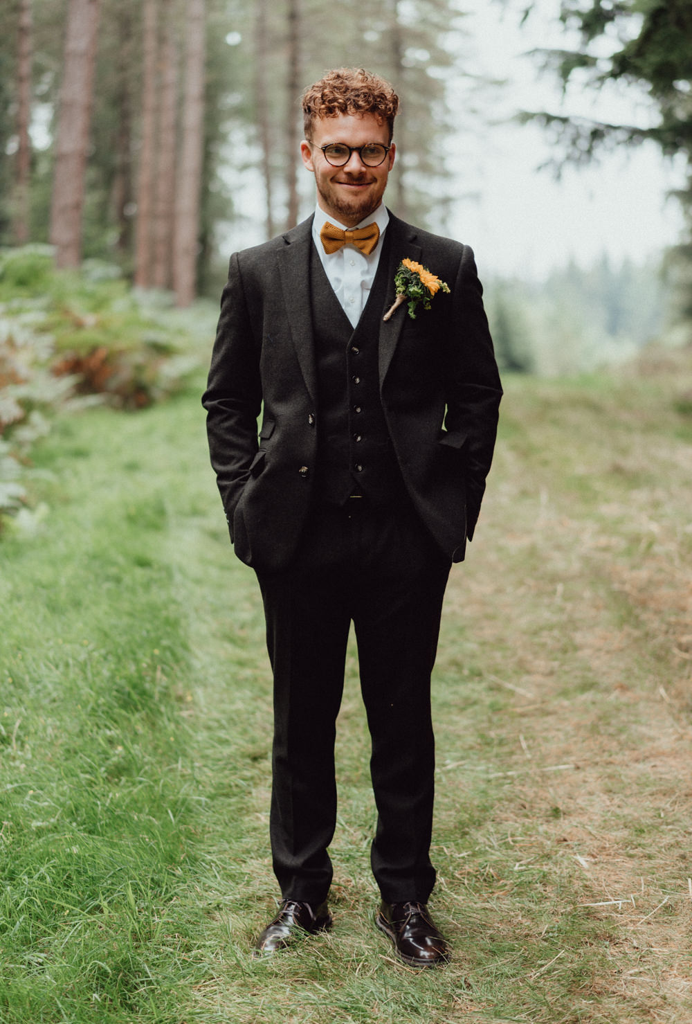 Groom Black Suit Mustard Yellow Bow Tie Sunflower Buttonhole Hampshire Woodland Wedding Emily & Steve