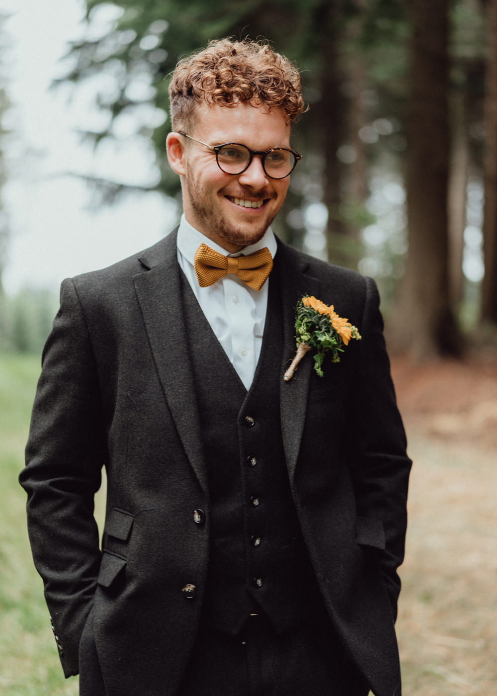 Groom Black Suit Mustard Yellow Bow Tie Sunflower Buttonhole Hampshire Woodland Wedding Emily & Steve