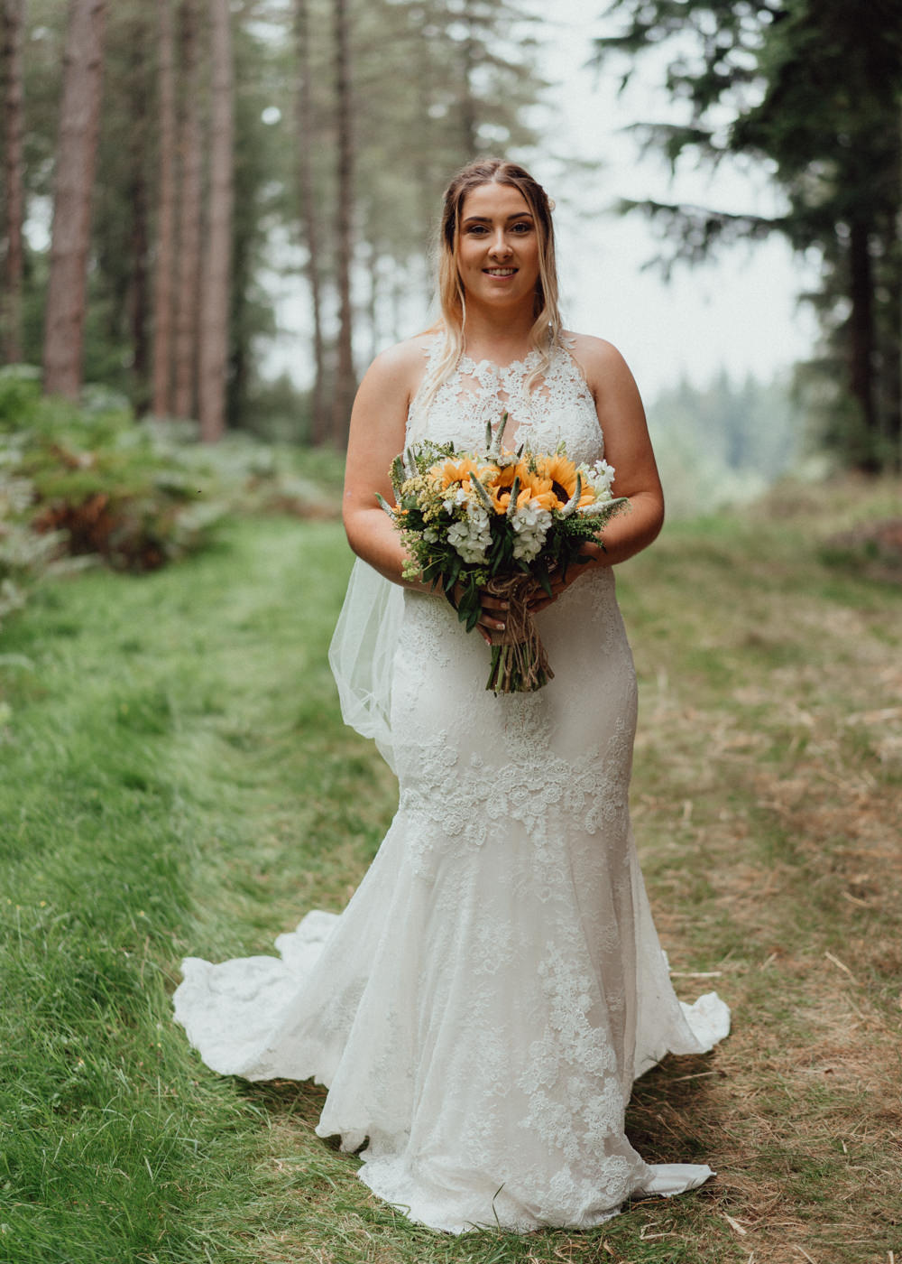 Dress Gown Bride Bridal Fit Flare Lace Veil Hampshire Woodland Wedding Emily & Steve