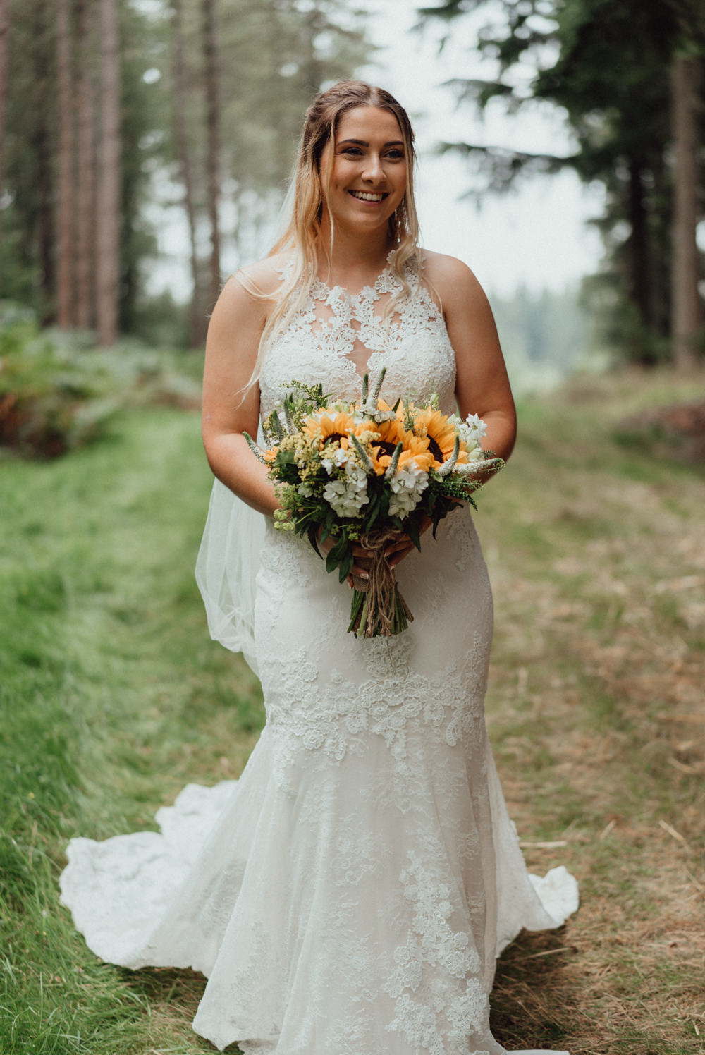 Dress Gown Bride Bridal Fit Flare Lace Veil Hampshire Woodland Wedding Emily & Steve