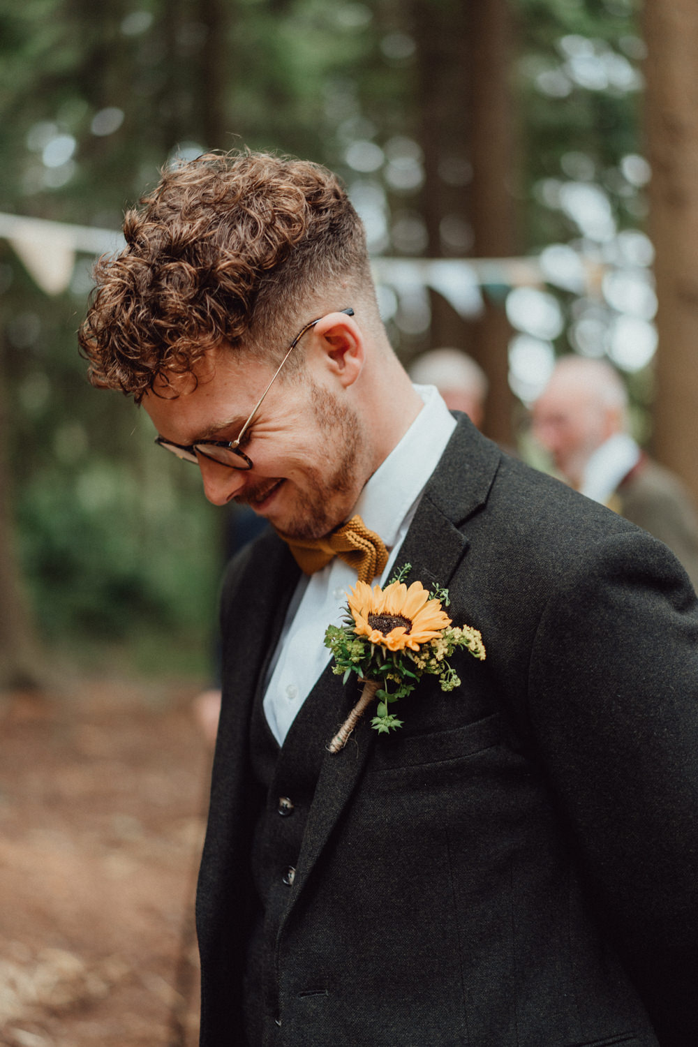 Groom Black Suit Mustard Yellow Bow Tie Sunflower Buttonhole Hampshire Woodland Wedding Emily & Steve