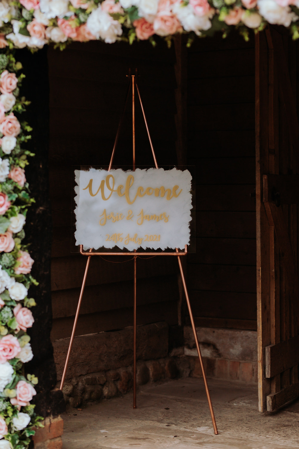 Painted Acrylic Welcome Sign Hertfordshire Barn Wedding Isabelle Elliott Photography