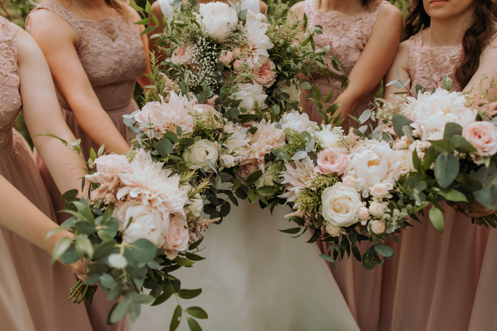 Bouquet Flowers Bride BRidal White Peony Blush Dahlia Bridesmaids Hertfordshire Barn Wedding Isabelle Elliott Photography