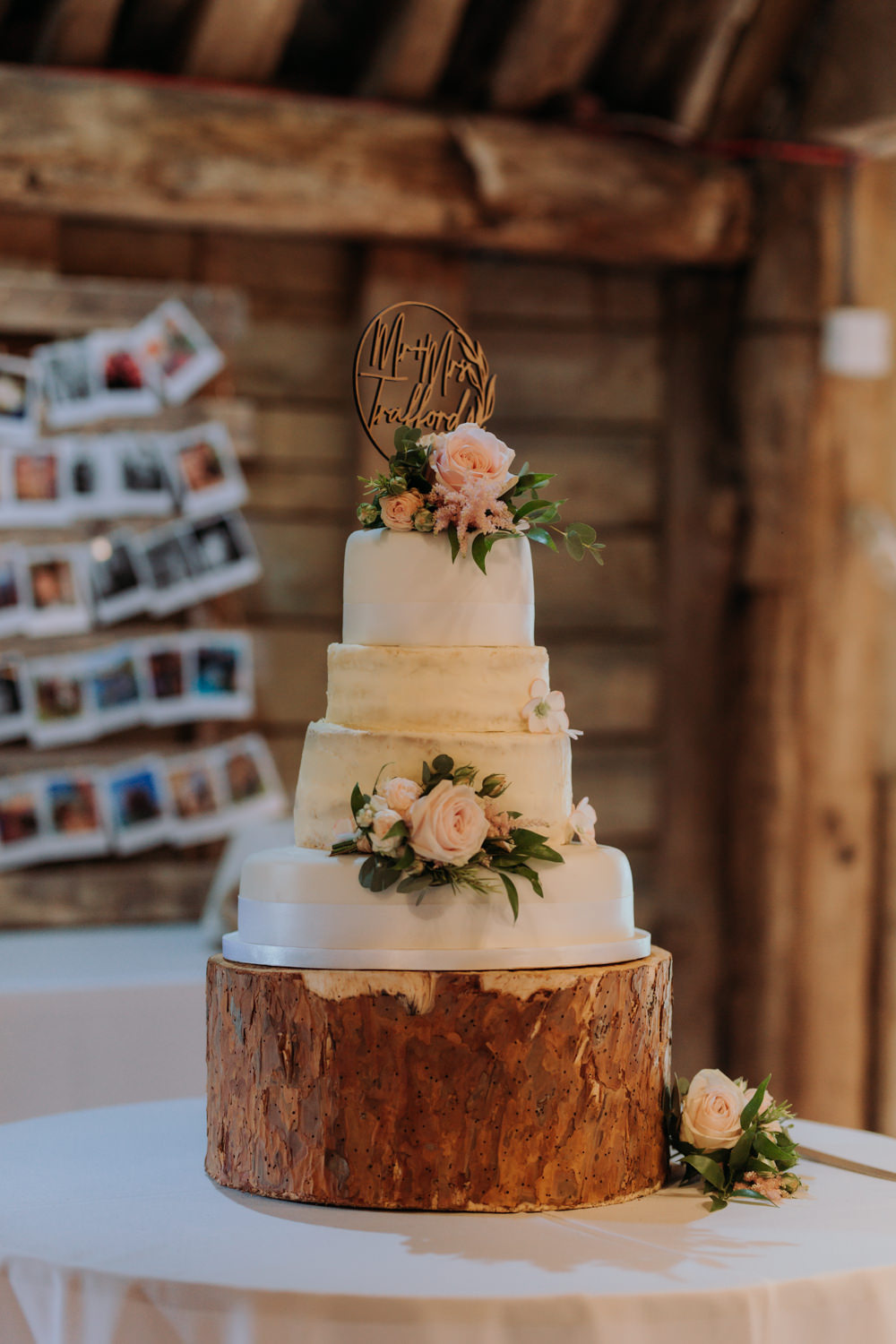 Four Tier Cake Gold White Pink Flowers Log Stand Topper Hertfordshire Barn Wedding Isabelle Elliott Photography
