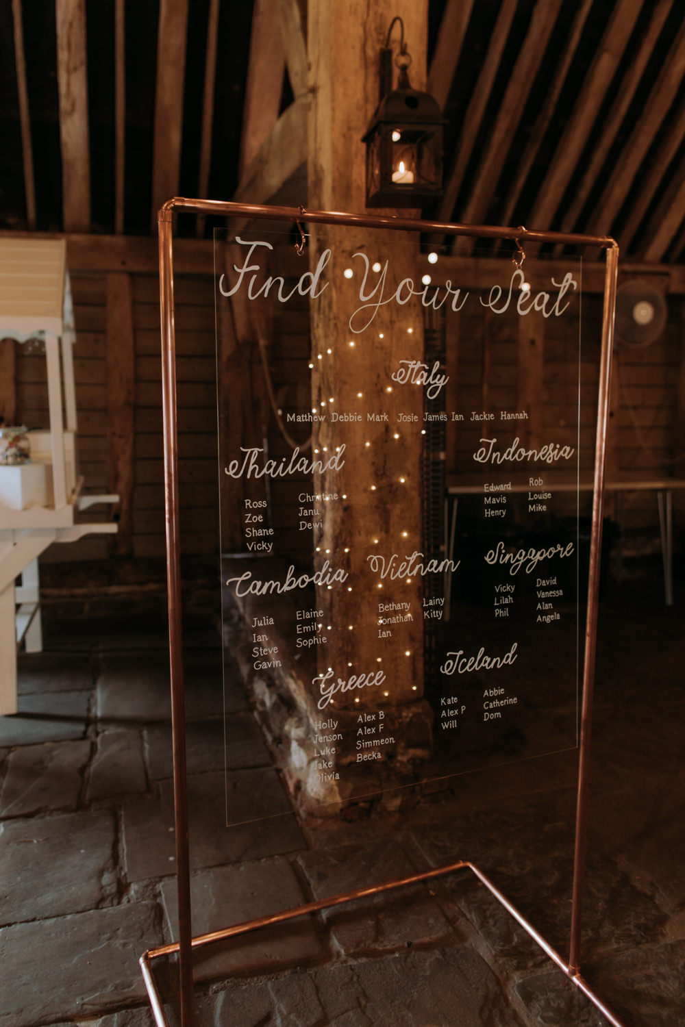 Acrylic Seating Chart Table Plan Copper Pipe Stand Hertfordshire Barn Wedding Isabelle Elliott Photography