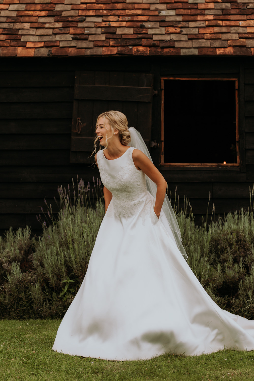 Dress Gown Bride Bridal Straps Pockets Veil Hertfordshire Barn Wedding Isabelle Elliott Photography