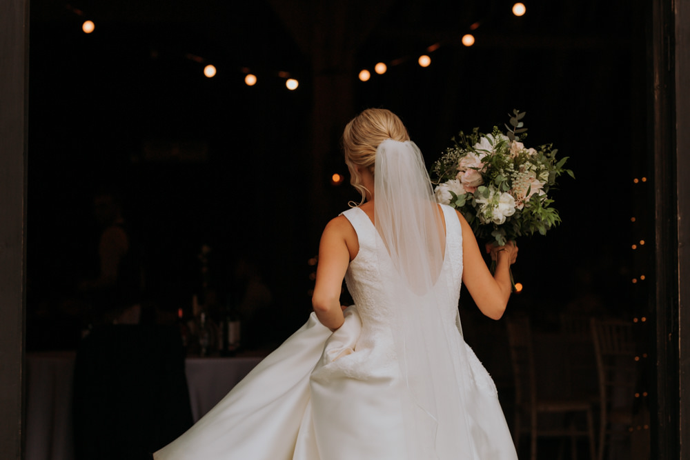 Dress Gown Bride Bridal Straps Pockets Veil Hertfordshire Barn Wedding Isabelle Elliott Photography