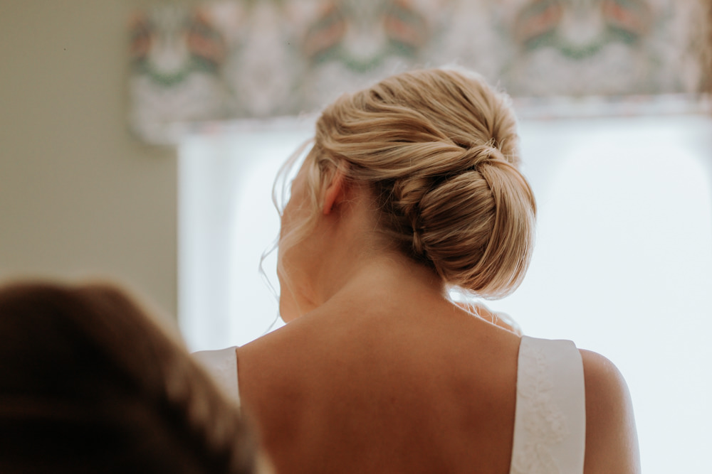 Bride Bridal Hairstyle Chignon Hertfordshire Barn Wedding Isabelle Elliott Photography