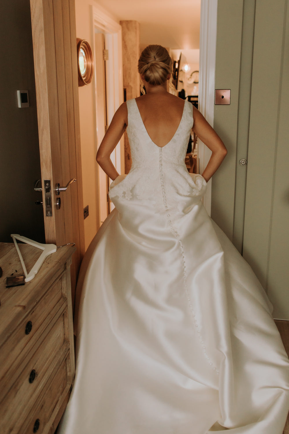 Dress Gown Bride Bridal Straps Pockets Hertfordshire Barn Wedding Isabelle Elliott Photography