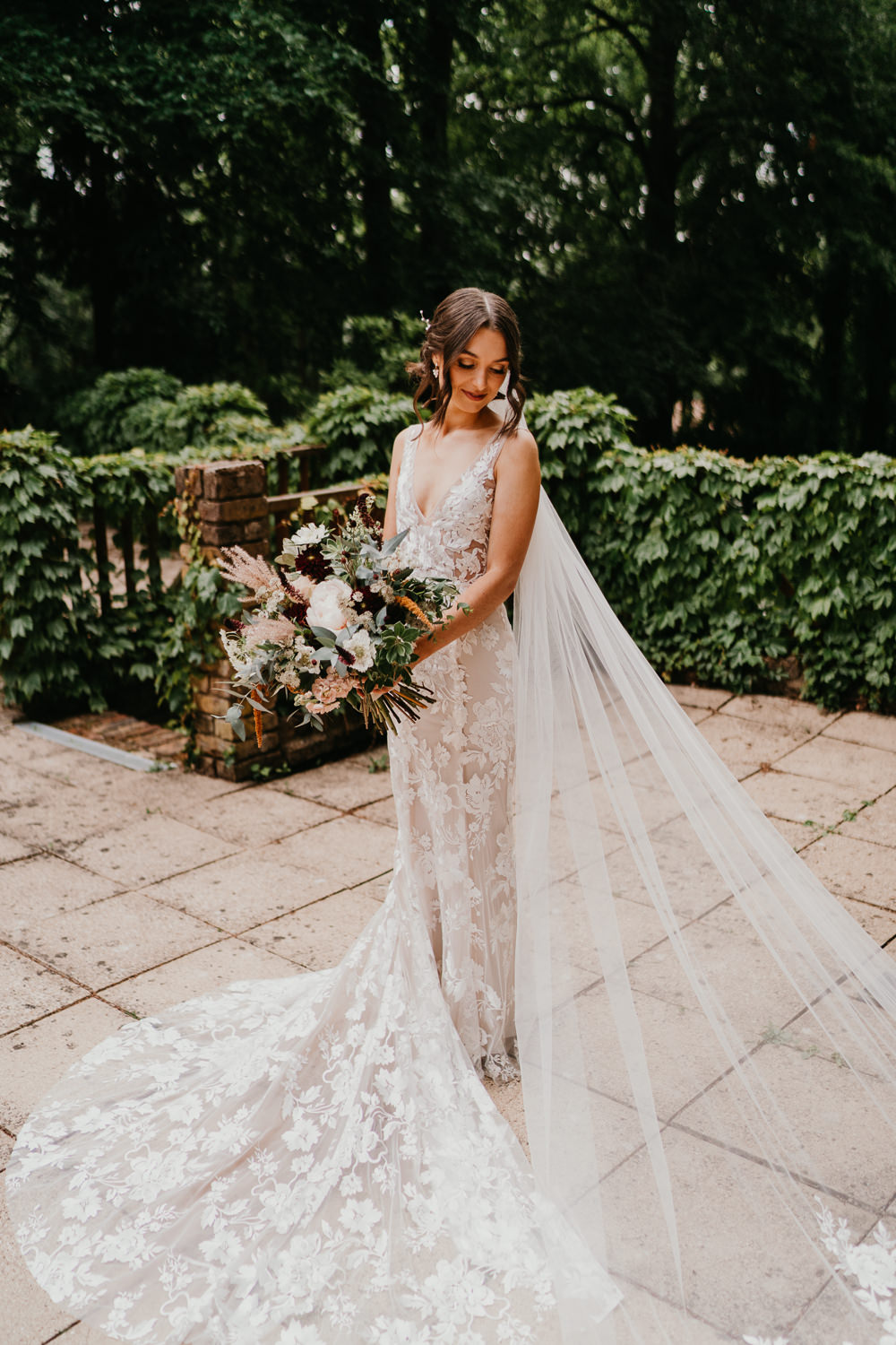 Dress Gown Bride Bridal Lace Train Veil Hertfordshire Farm Wedding Jonny Gouldstone Photography