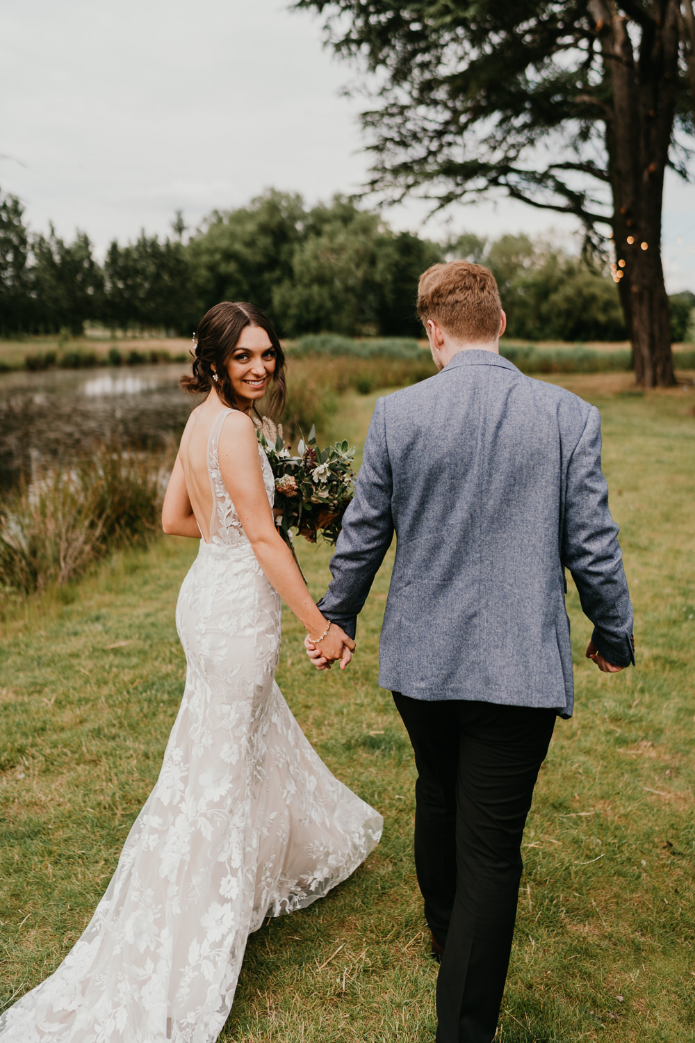 Dress Gown Bride Bridal Lace Train Hertfordshire Farm Wedding Jonny Gouldstone Photography