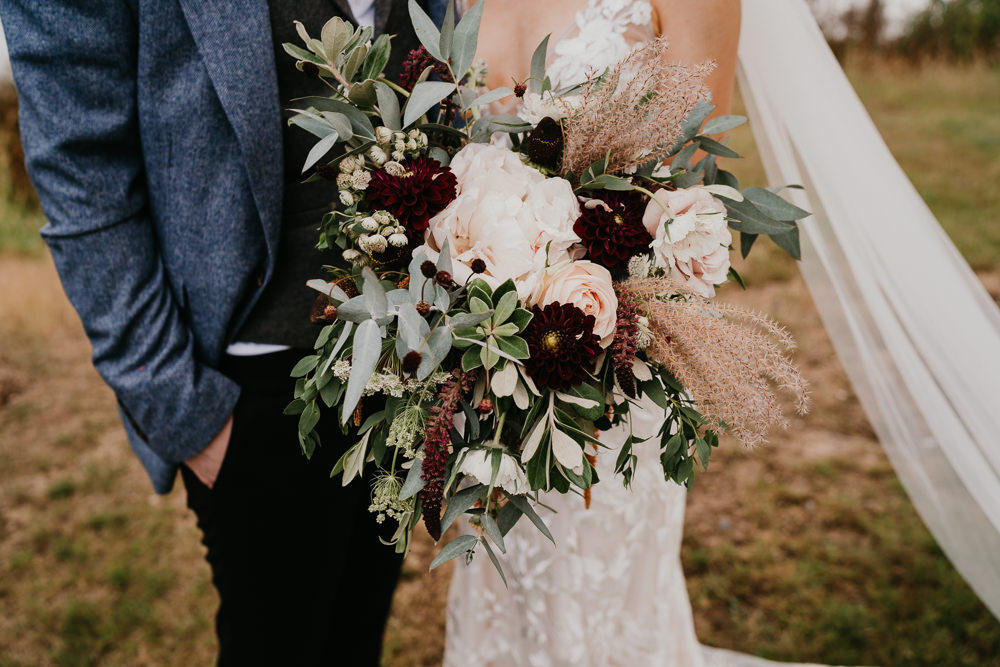 Bouquet Flowers Bride Bridal Peony Astilbe Eucalyptus Hertfordshire Farm Wedding Jonny Gouldstone Photography