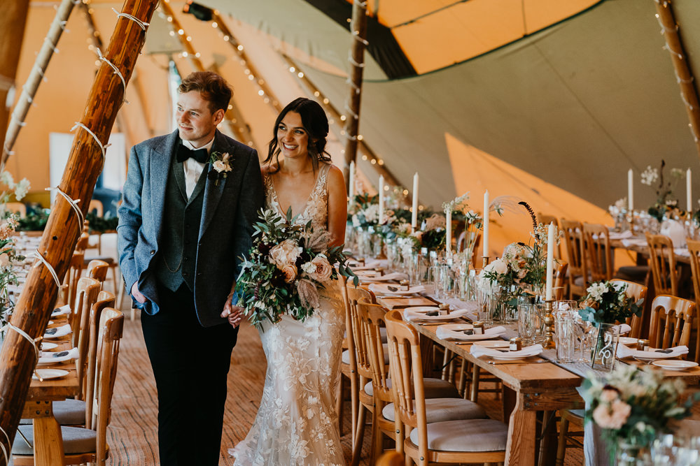 Tipi Decor Long Wooden Tables Greenery Candles Hertfordshire Farm Wedding Jonny Gouldstone Photography