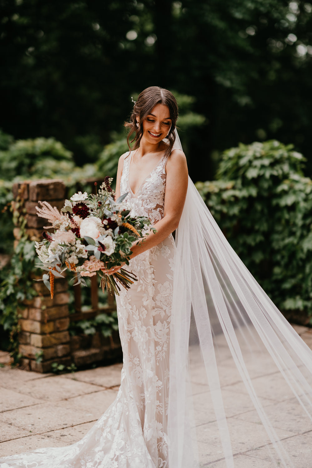 Dress Gown Bride Bridal Lace Train Veil Hertfordshire Farm Wedding Jonny Gouldstone Photography