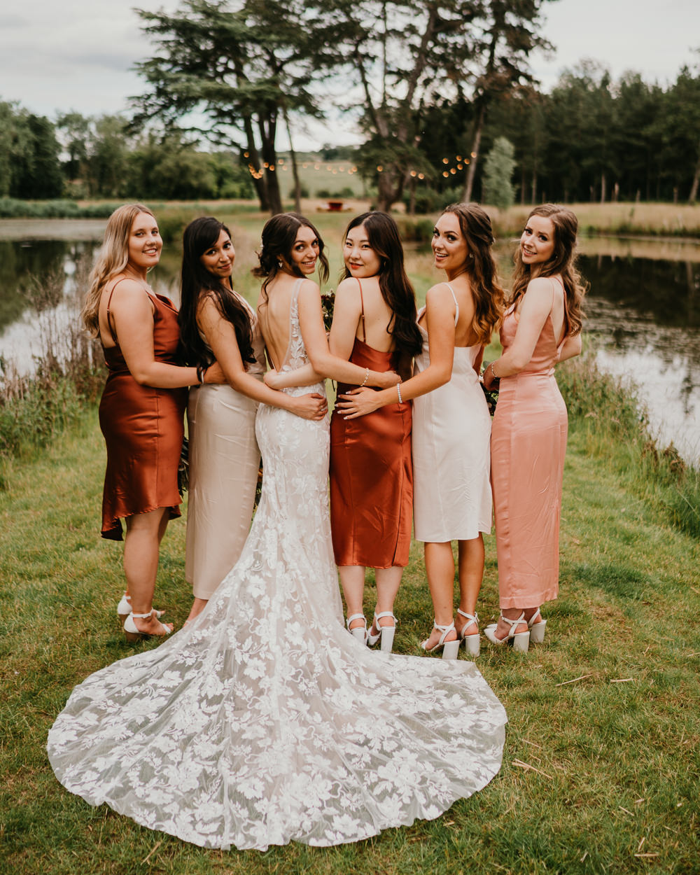 Bridesmaids Terracotta Rust Pink Blush Dresses Hertfordshire Farm Wedding Jonny Gouldstone Photography