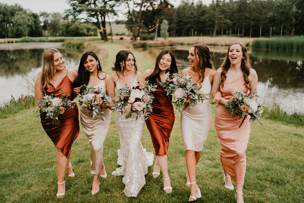 Bridesmaids Terracotta Rust Pink Blush Dresses Hertfordshire Farm Wedding Jonny Gouldstone Photography