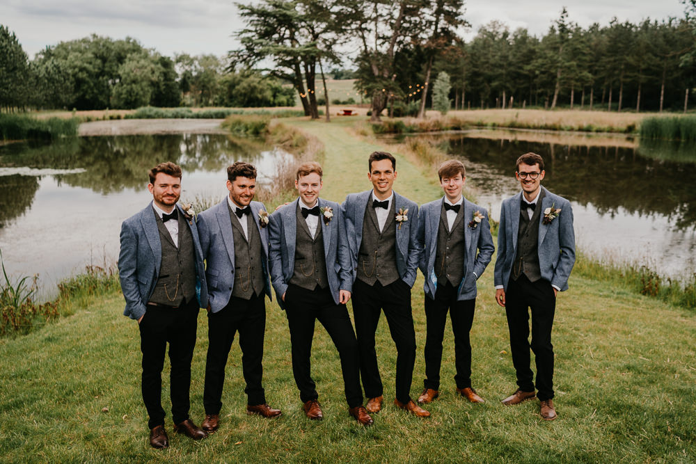 Groom Groomsmen Blue Jacket Grey Waistcoat Black Trousers Tan Shoes Hertfordshire Farm Wedding Jonny Gouldstone Photography