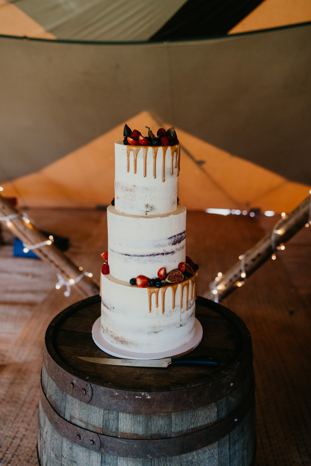 Semi Naked Tall Drip Cake Berries Hertfordshire Farm Wedding Jonny Gouldstone Photography