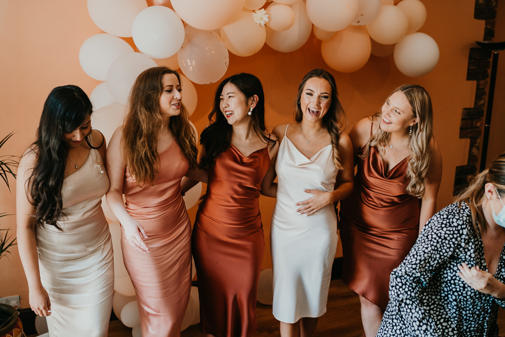 Bridesmaids Terracotta Rust Pink Blush Dresses Hertfordshire Farm Wedding Jonny Gouldstone Photography