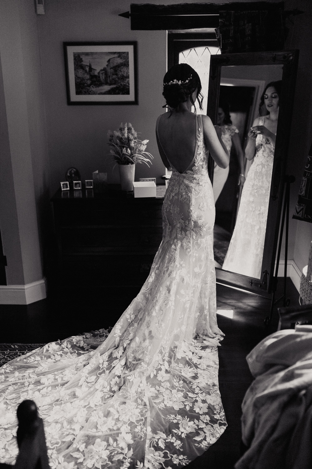 Dress Gown Bride Bridal Lace Train Hertfordshire Farm Wedding Jonny Gouldstone Photography