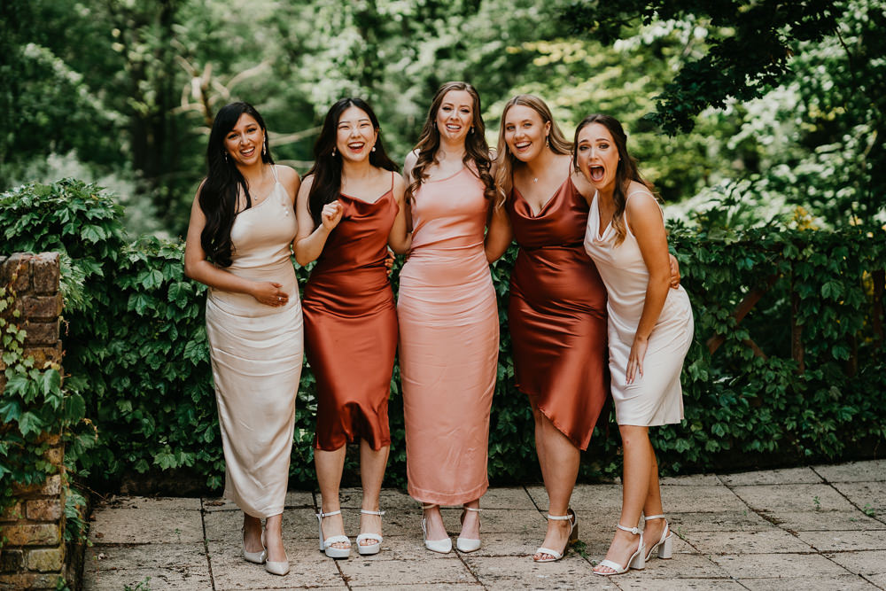Bridesmaids Terracotta Rust Pink Blush Dresses Hertfordshire Farm Wedding Jonny Gouldstone Photography