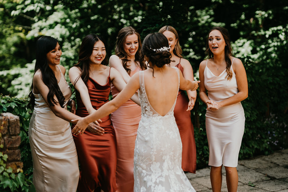 Bridesmaids Terracotta Rust Pink Blush Dresses Hertfordshire Farm Wedding Jonny Gouldstone Photography