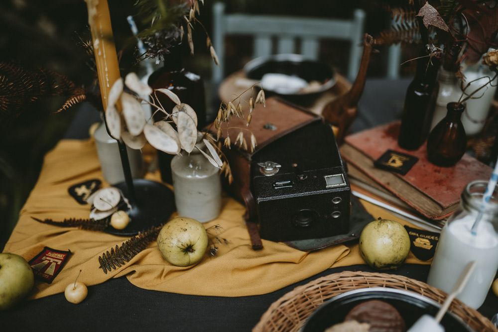 Table Tablescape Decor Black Yellow Moonrise Kingdom Wedding Amelia Jane Photography