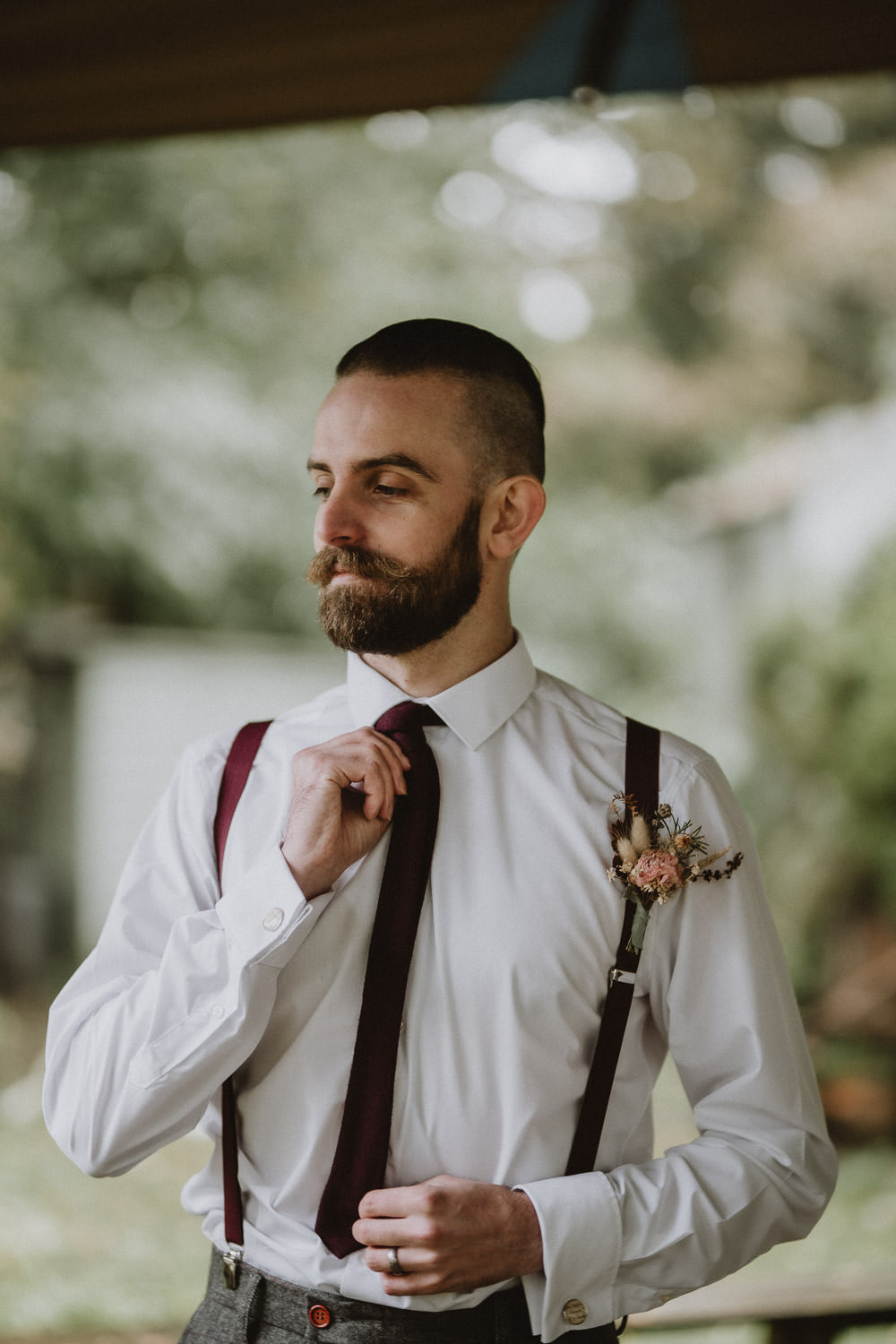 Groom Tie Braces Shirt Buttonhole Flowers Moonrise Kingdom Wedding Amelia Jane Photography