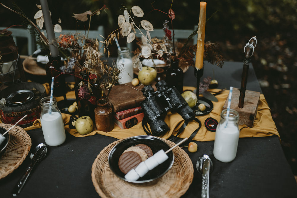 Table Tablescape Decor Black Yellow Moonrise Kingdom Wedding Amelia Jane Photography