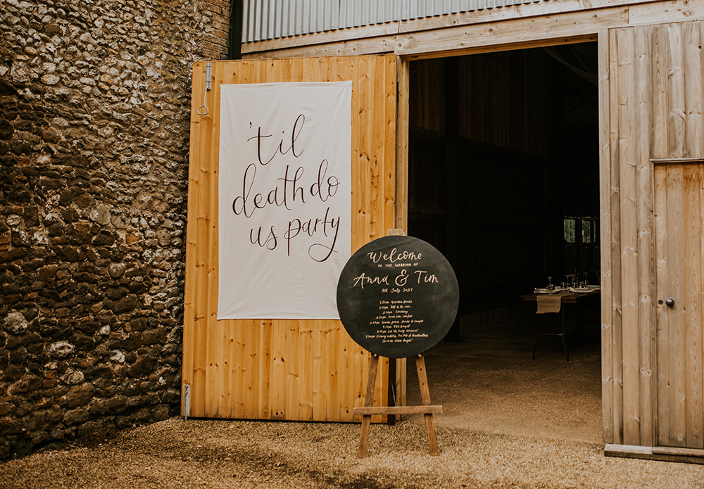 Welcome Banner Sign Norfolk Barn Wedding Aurora Grey Photography