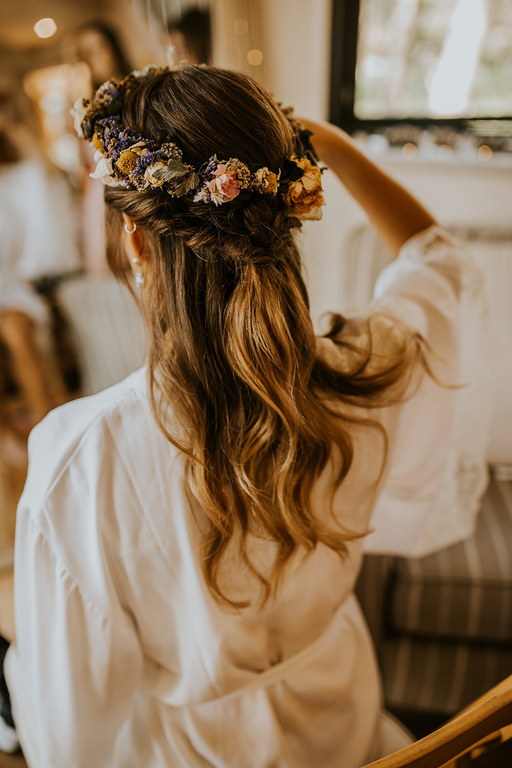Bride Bridal Haristyle Half Up Down Flower Crown Norfolk Barn Wedding Aurora Grey Photography