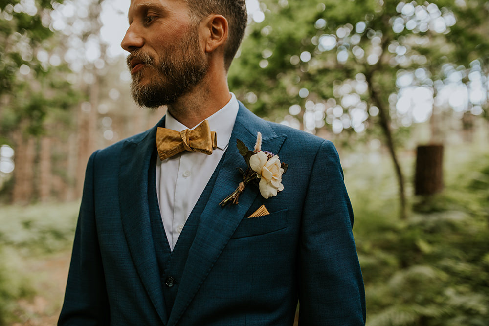 Groom Blue Suit Mustard Yellow Bow Tie Norfolk Barn Wedding Aurora Grey Photography