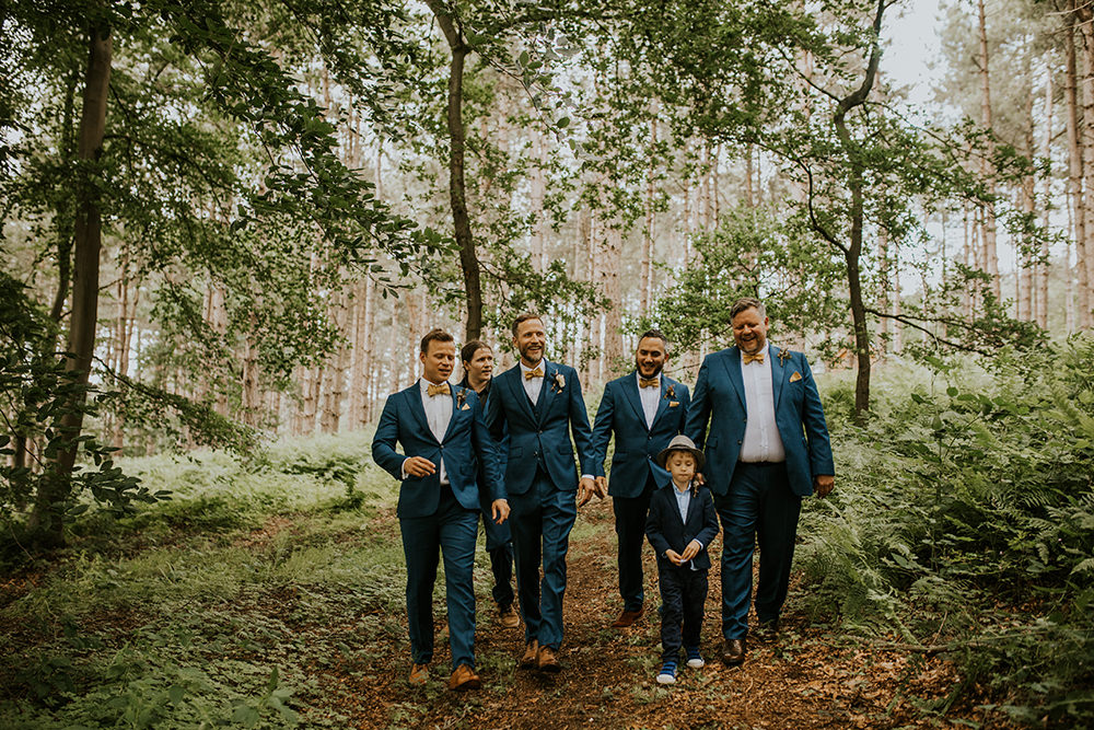 Groom Blue Suit Mustard Yellow Bow Tie Groomsmen Norfolk Barn Wedding Aurora Grey Photography