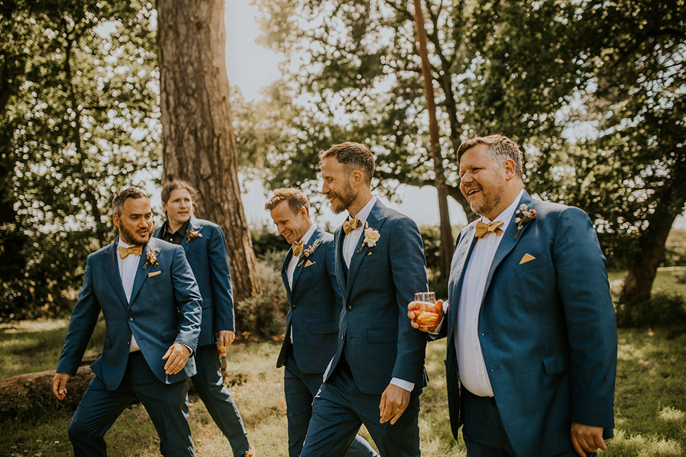 Groom Blue Suit Mustard Yellow Bow Tie Groomsmen Norfolk Barn Wedding Aurora Grey Photography