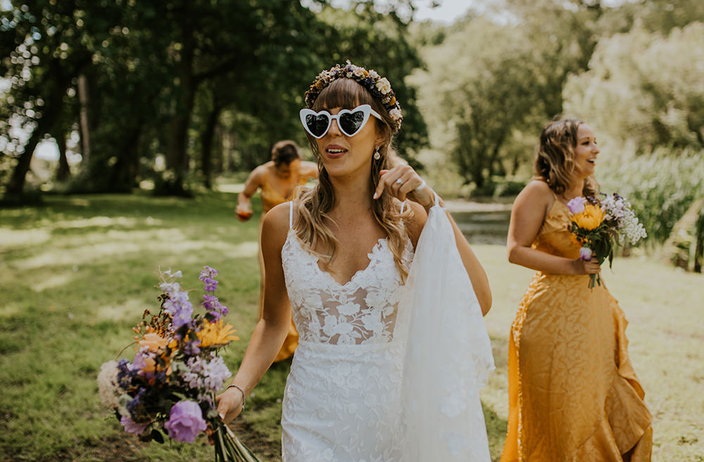 Dress Gown Bride Bridal Lace Train Split Skirt Sunglasses Norfolk Barn Wedding Aurora Grey Photography