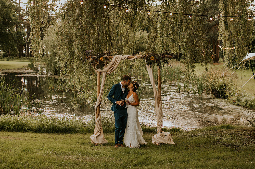Ceremony Backdrop Flower Arch Fabric Norfolk Barn Wedding Aurora Grey Photography