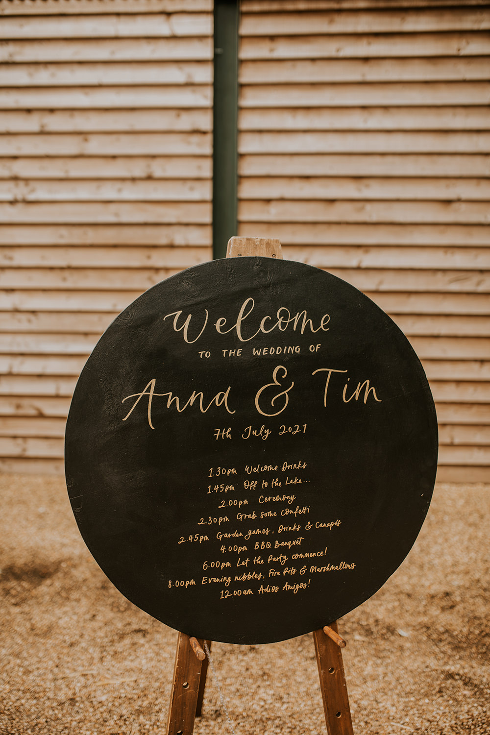 Cicle Round Black Gold Sign Welcome Norfolk Barn Wedding Aurora Grey Photography