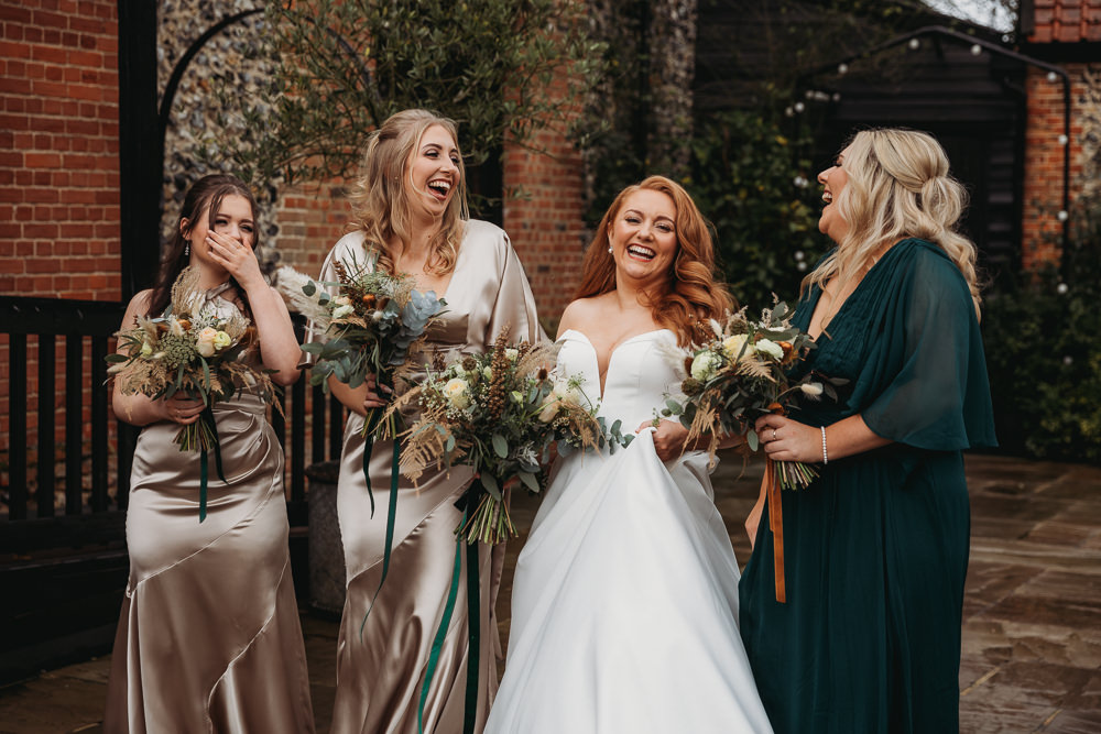 Gold Green Bridesmaids Dresses Rustic Christmas Wedding ThymeLane Photography