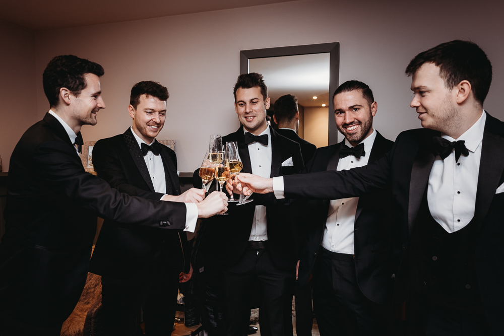 Groom Groomsmen Tuxedo Bow Tie Rustic Christmas Wedding ThymeLane Photography