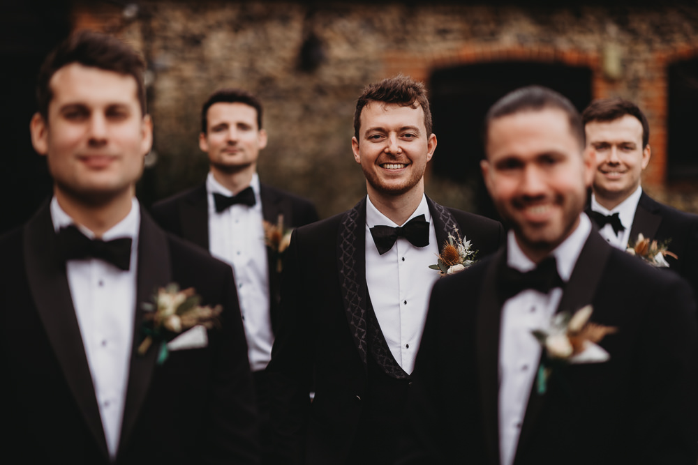 Groom Groomsmen Tuxedo Bow Tie Rustic Christmas Wedding ThymeLane Photography