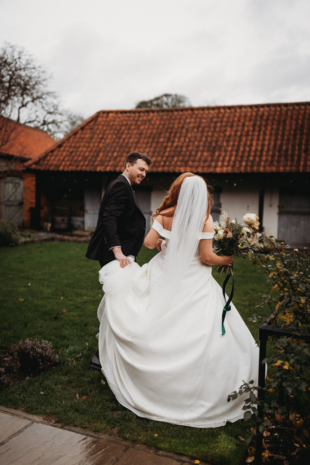 Dress Gown Bride Bridal Off Shoulder Train Rustic Christmas Wedding ThymeLane Photography