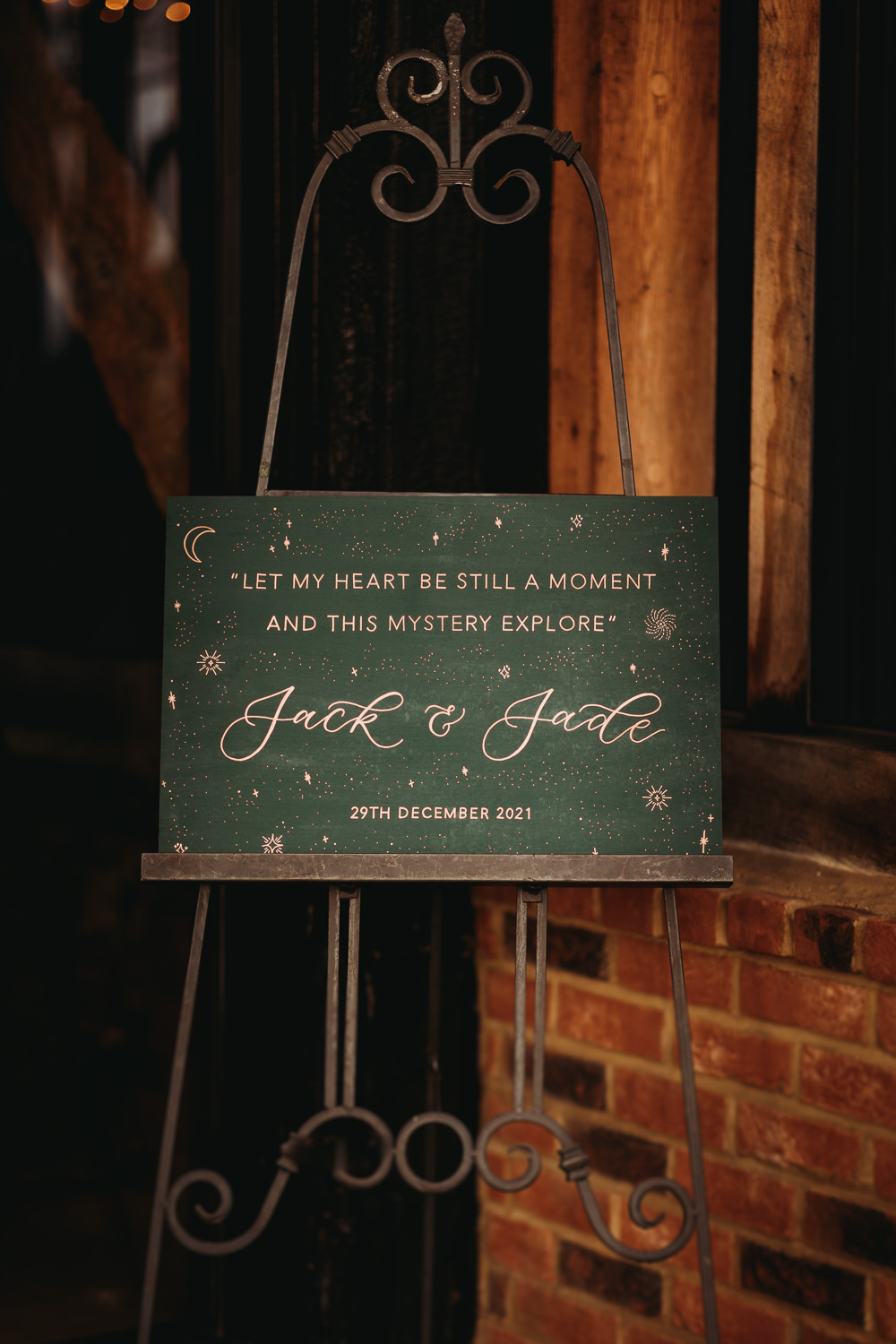 Celestial Welcome Sign Green Gold Rustic Christmas Wedding ThymeLane Photography