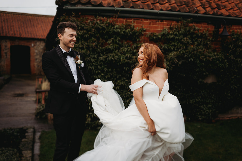 Dress Gown Bride Bridal Off Shoulder Train Rustic Christmas Wedding ThymeLane Photography