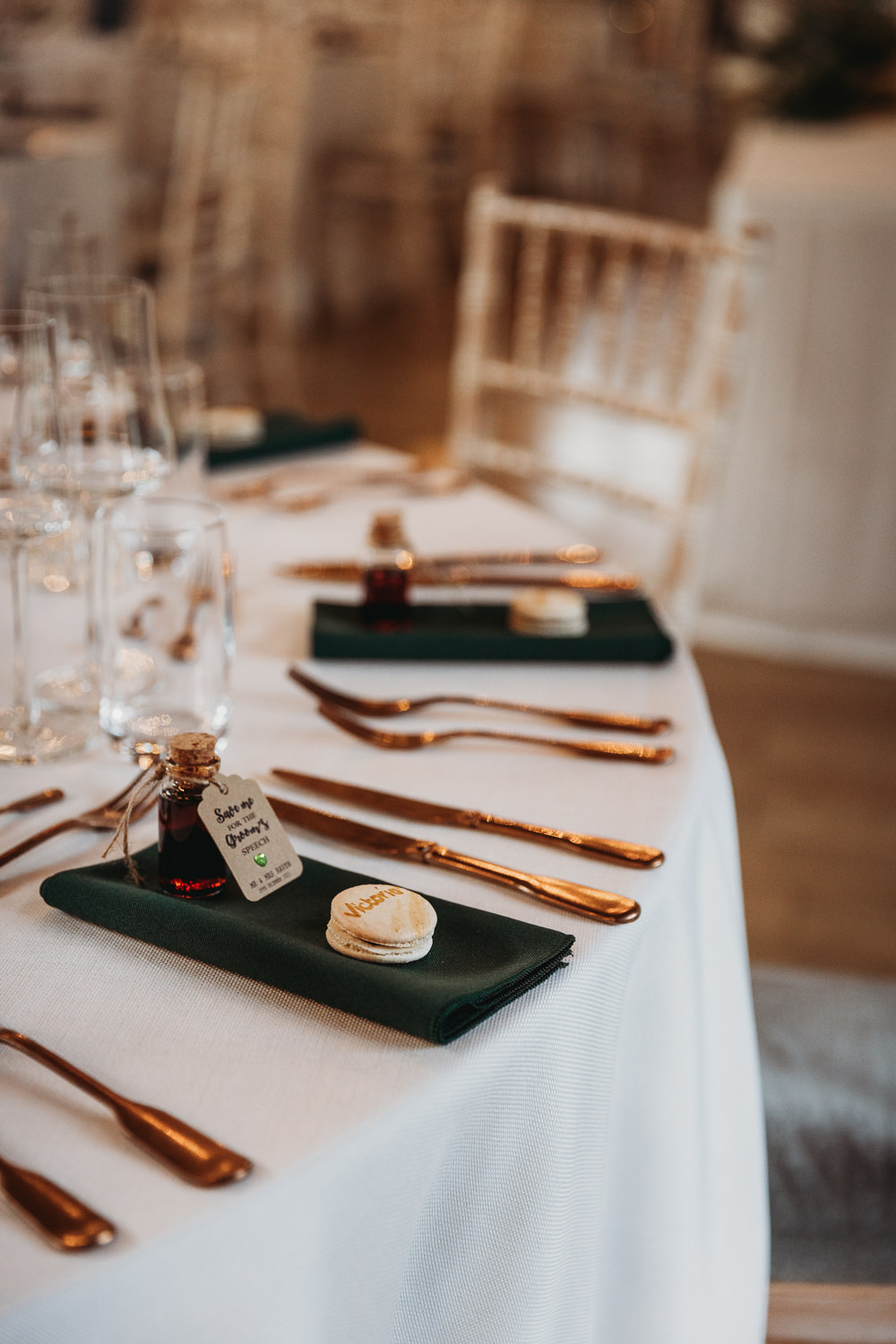 Place Setting Green Napkin Macaron Rustic Christmas Wedding ThymeLane Photography