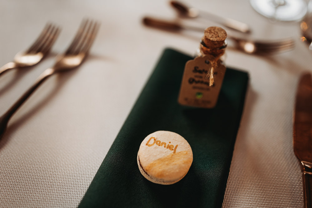 Place Setting Green Napkin Macaron Rustic Christmas Wedding ThymeLane Photography