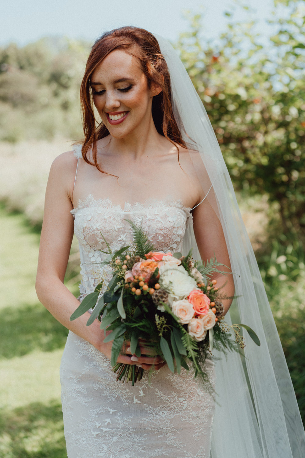 Bouquet Flowers Bride Bridal White Dalia Coral Rose South Downs Barn Wedding Emily Steve