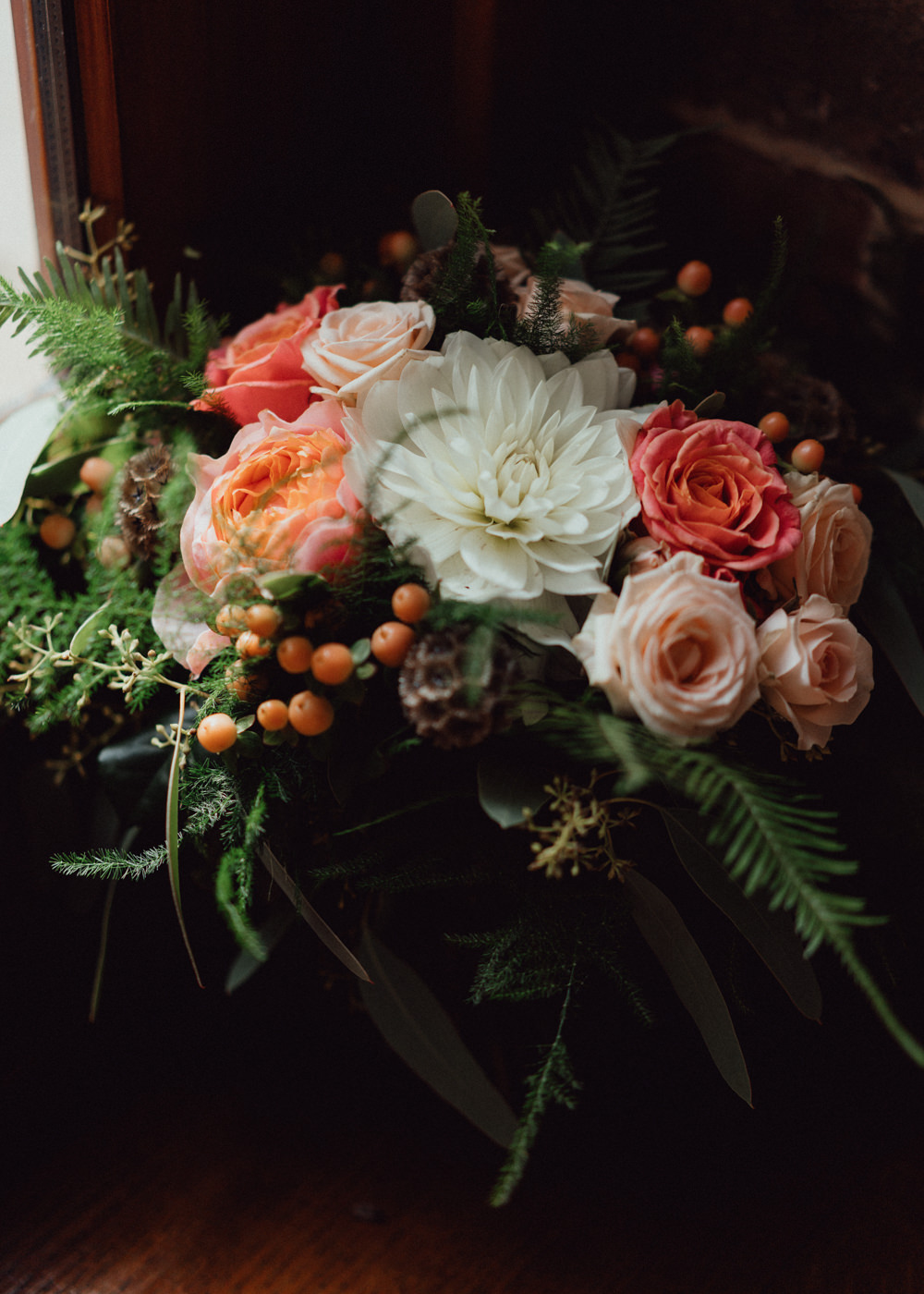 Bouquet Flowers Bride Bridal White Dalia Coral Rose South Downs Barn Wedding Emily Steve