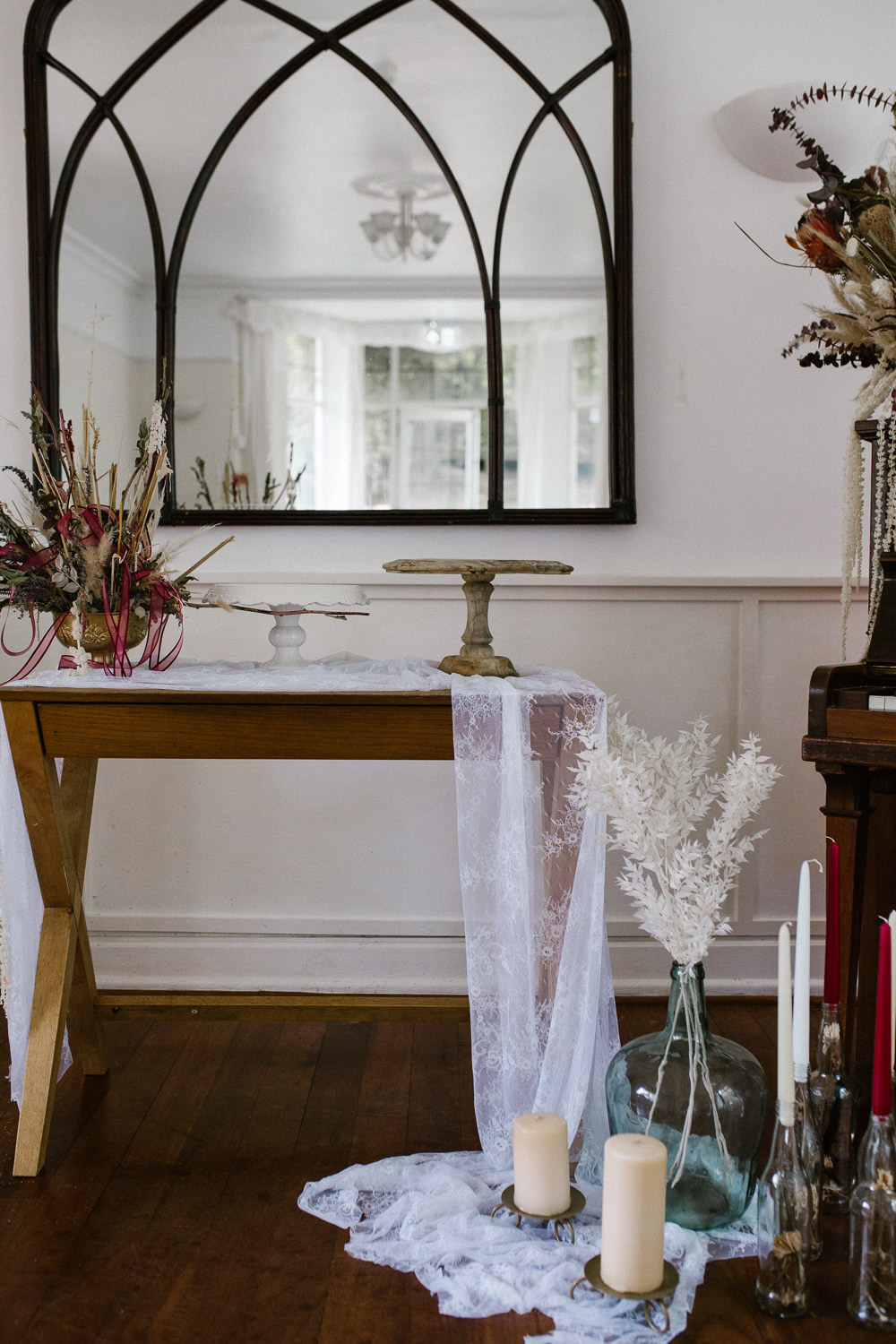Candles Flowers Fabric Decor Table Springhead Trust Wedding Alexandra Szigeti Photography