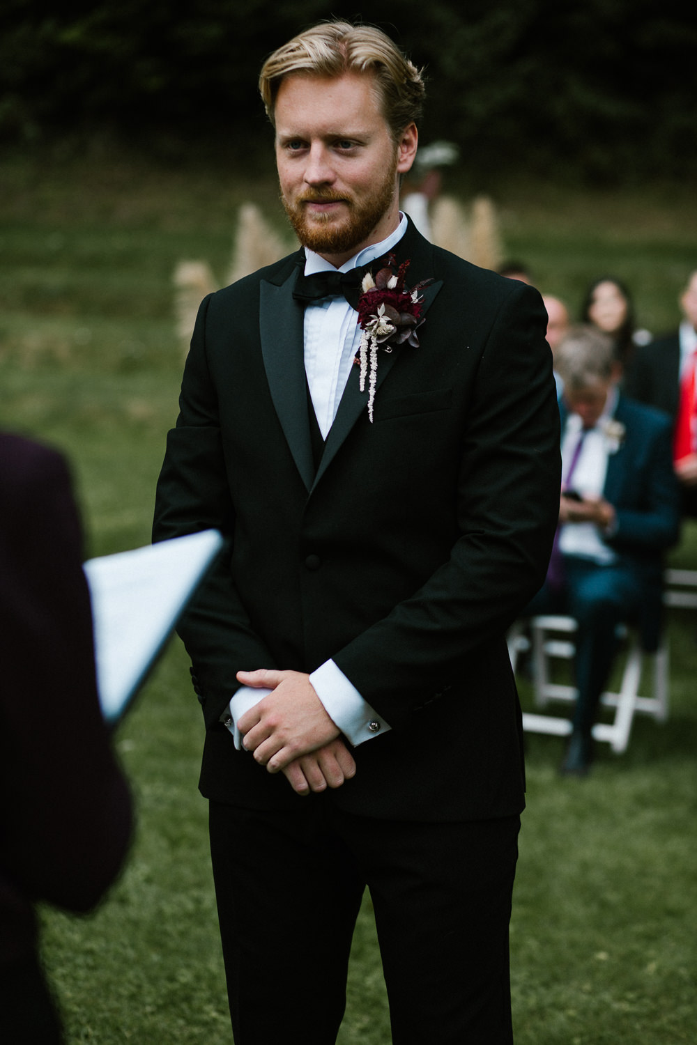 Groom Tuxedo Bow Tie Buttonhole Flowers Springhead Trust Wedding Alexandra Szigeti Photography